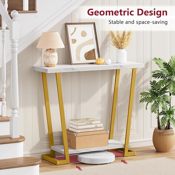 Tajsoon Narrow Console Table for Entryway 31.5'', 2 Tier Rustic Entryway Table with Open Shelves, Industrial Sofa Table with Gemometric Frame for Hallway, Living Room, Entrace, Gold & White
