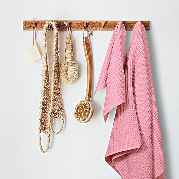 Püskül - Luxury Waffle Towel Set for Bathroom 4 Pieces Pink, Premium Quality Organic 100% Turkish Cotton 2 Hand and 2 Bath Towels Sets, Quick Dry Thin Waffle Towels, Made in Turkiye (Pink)