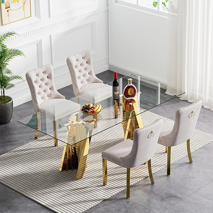 Goujxcy Modern 5 Piece Glass Dining Table Set Luxury Glass Kitchen Table and Chair Set for 4, 70" Large Rectangular Dining Room Table with 4 Tufted Chairs and Stainless Steel Legs (Gold & Beige)