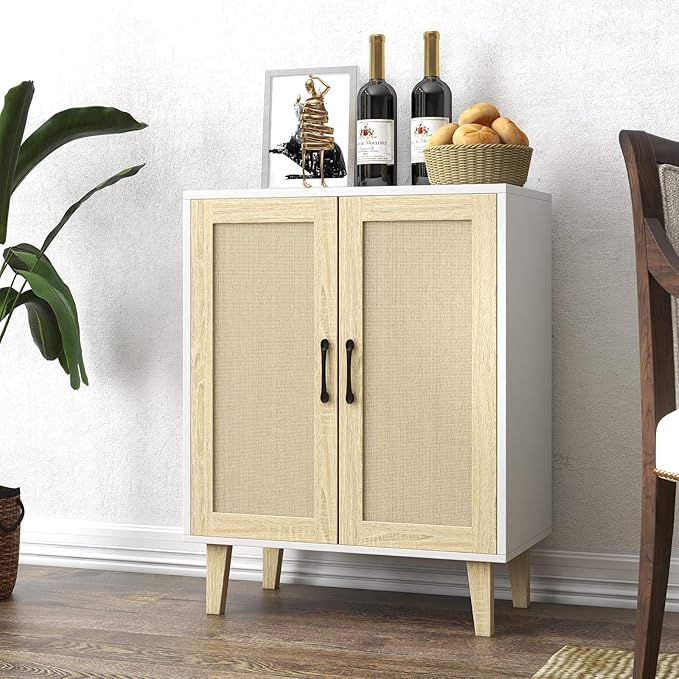 Panana Buffet Cabinet Sideboard with Rattan Decorated Doors Kitchen Storage Cupboard Accent Cabinet (White)