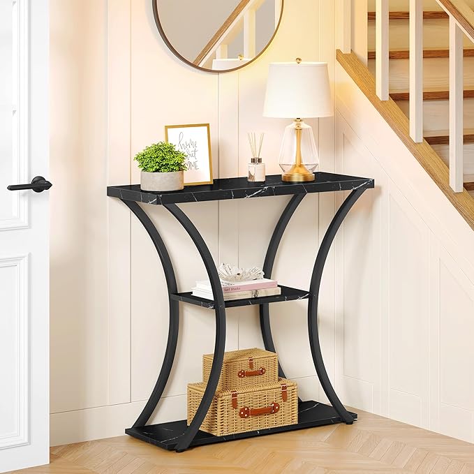 Hoctieon 3 Tier Console Table with Open Wood Shelves, Decorative Entryway Table with Curved Metal Frames, Narrow Sofa Table for Entrance, Living Room, Hallway, Black Marbled