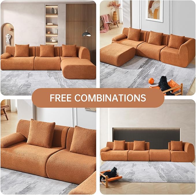 118" Modular Sectional Sofa with Movable Ottoman, 3-Seater Modern Teddy Velvet L-Shaped Couch, Convertible Cloud Sofa for Living Room, Sectional Boneless Couch