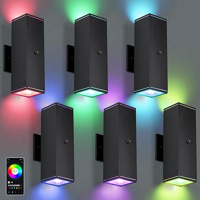 Outdoor Wall Lights 6 Pack, RGBCW Exterior Lighting Sconce,2700K-6500K Dimmable Smart Porch Lights Outdoor for House Patio Garage, Compatible with Alexa/Google Assistant, Bulb Included