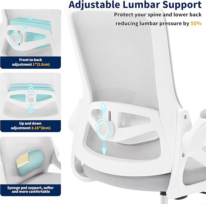 Ergonomic Office Chair, Desk Chair with Adjustable Lumbar Support, Breathable Mesh Comfy Computer Chairs with Flip-up Armrests Executive Task Chair for Adults Home Office(Gray)