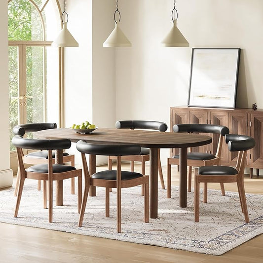 Kmax Dining Room Chairs Mid-Century Modern Leather Kitchen Chairs with Natural Walnut Finished Frame, PU Curved Back, Set of 6, PU Black