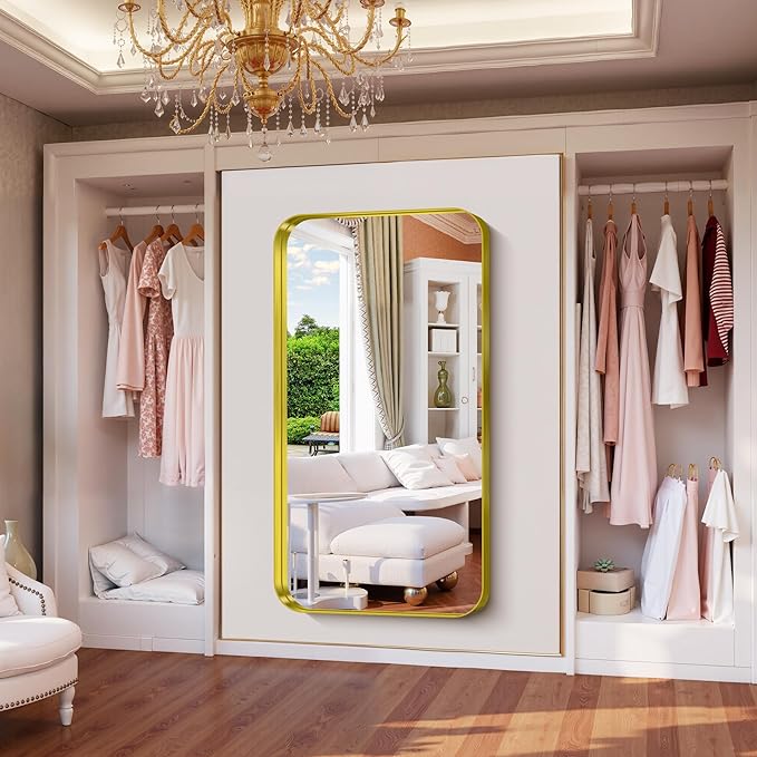 FORBATH 60x30 Inch Large Bathroom Mirror for Double Sinks, Brushed Gold Deep Frame Wall Mirror with Rounded Corners, Anti-Rust Tempered Glass for Modern Farmhouse Vanity (Horizontal/Vertical)