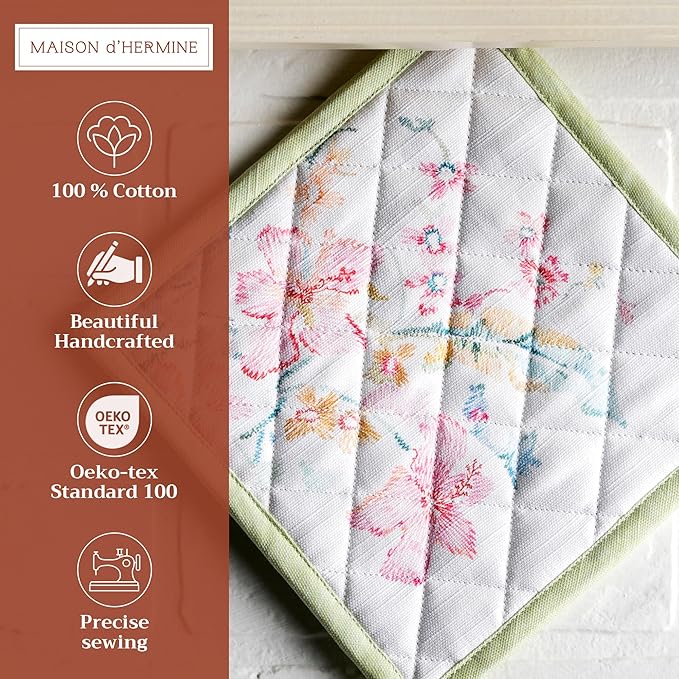 Maison d' Hermine Pot Holders 100% Cotton Heat Resistant Potholders 8" x 8" Hot Pads with Loop BBQ, Cooking, Baking, Grilling, Kitchen, Handling Hot Pans Spring/Summer (Pack of 1, Paradise Island)
