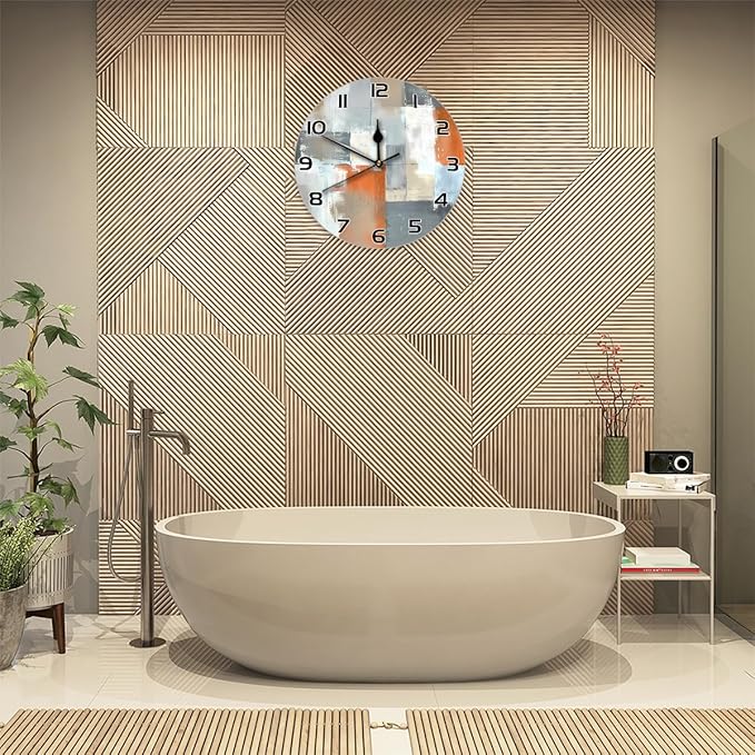 Abstract Orange Grey White Beige Art Wall Clock Battery Operated 10 in Round Wall Clocks Slilent Non Ticking Quartz Analog Clock for Bedroom Kids Living Room Classroom Decor