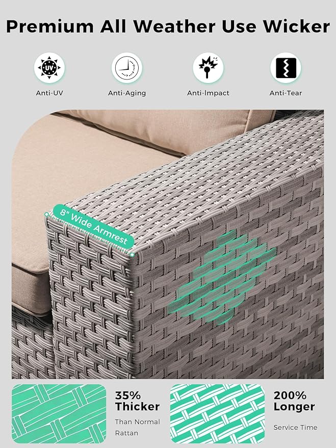 13 Piece Outdoor Wicker Rattan Sectional Sofa Set with 55,000 BTU Fire Pit Table, 10-Seats with 4" Thickened Cushions & Coffee Table, All-Weather PE Rattan for Garden, Backyard, Porch, Beige