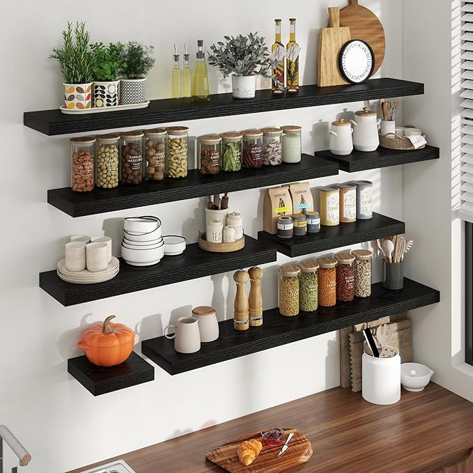 48 Inch Floating Shelves for Wall, 8 Inch Deep Floating Shelf for Storage & Display, Rustic Wall Mounted Shelf with Invisible Brackets for Living Room, Kitchen, Bathroom, Home Decor, Set of 2, Black