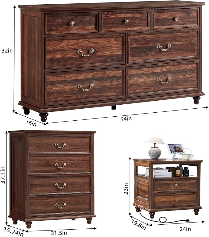 24" Wide Farmhouse Nightstand with Charging Station Set of 2,54" 7 Drawers Dresser, 37" Tall Rustic Chests of Drawers, Farmhouse Furniture Series for Bedroom,Brown