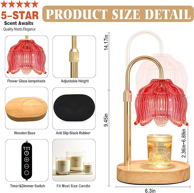 Candle Warmer lamp with Timer Dimmer,Electric Candle Warmer, Vintage Flower Lotus lamp,Compatible with Various Candles, Gifts for Mom Women,Candle Lamp for Bedroom Home Decor (Flower lamp-Red)