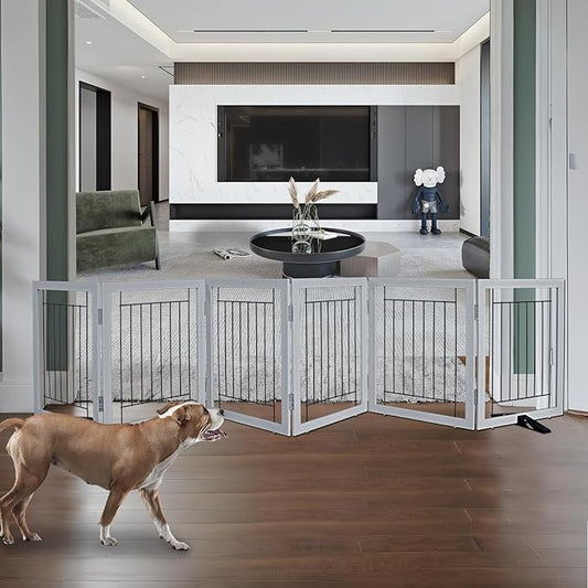 ZJSF Freestanding Dog Gate Indoor, Foldable Dog Fence for Doorways,Hallways or Stairs, Sturdy Wood Extra Wide Pet Gate with Support Feet,Grey,24 "Height-6 Panels