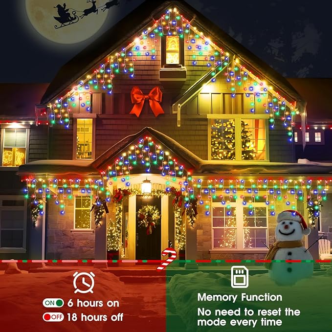 Hezbjiti 2Pack Total 800LED Ice Lights 33FT Christmas Lights String Lights Outdoor Decoration 8 Modes 150 Drops Fairy Lights for Eaves Party Yard Garden Xmas Decor（Multicolor）