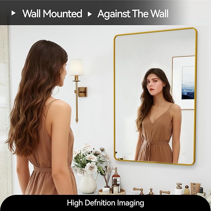 24x36 Mirror Rectangle Full Length Wall Mounted or Against Wall Aluminum Alloy Metal Frame Dressing Mirrors for Entryway Bedroom Bathroom Living Room 36x24 inch Gold