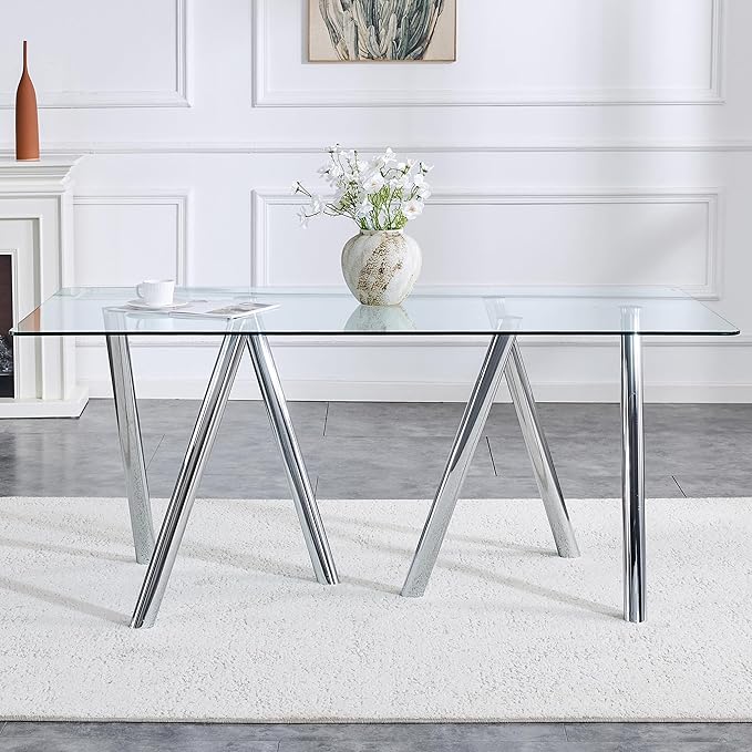 71" Rectangular Dining Table for 6-8, Modern Dining Table with Tempered Glass Tabletop & Metal Legs, Large Glass Dinner Table for Home Kitchen