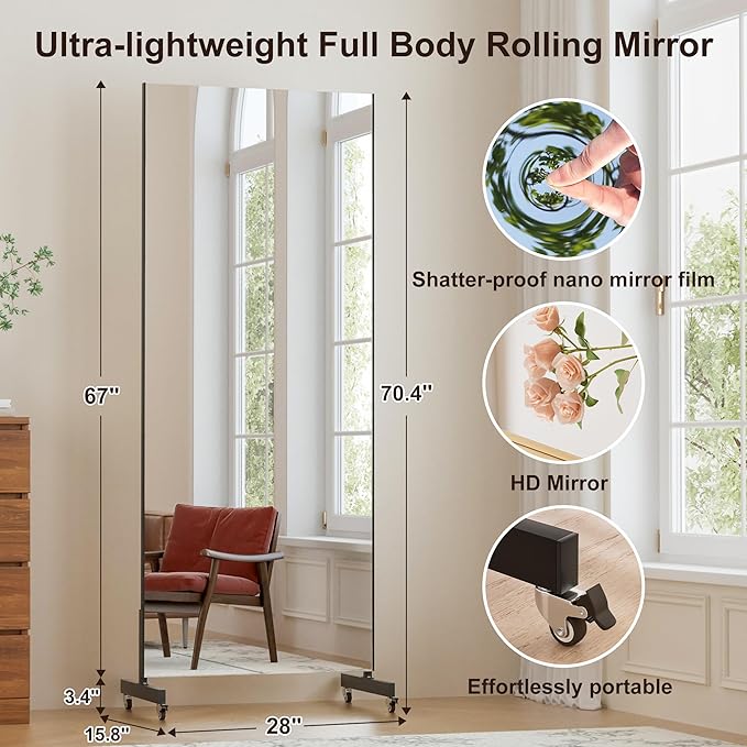 brisafe 67"x28" Ultra-Light Mobile Floor Mirror with 360° Wheels, 0.04mm Shatterproof Nano Film for Home Gym/Yoga/Dance Studio & Commercial Use | 60% Insurance Savings | Black
