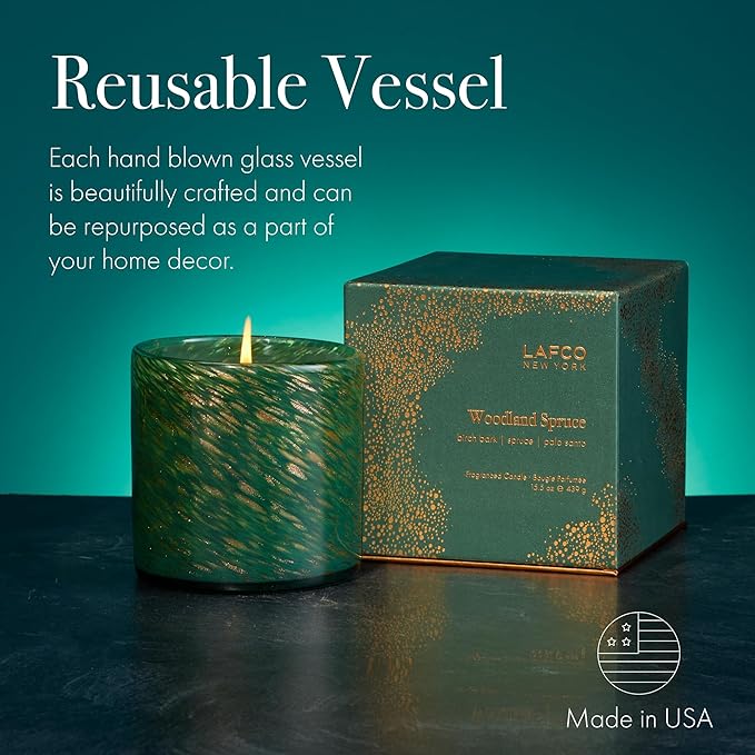 LAFCO New York Holiday Signature Candle, Woodland Spruce - 15.5 oz - 90-Hour Burn Time - Reusable, Hand Blown Glass Vessel - Made in The USA