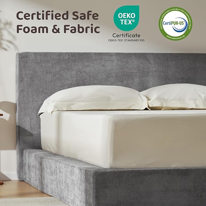 RECCI Cloud Upholstered King Bed Frame with Headboard, 5 Inch Foam Padded Platform, No Box Spring, Easy Assembly (Moon)