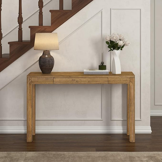 NTC Flow 47-Inch Console Table, Modern Solid Wood Entryway Table with Hidden Drawer, Waterproof & Heat Resistant, Narrow Table for Hallway, Living Room & Foyer, Teak Look