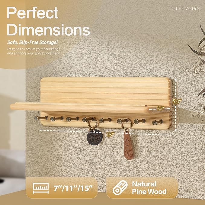 Farmhouse Key Holder Wall Mount for Office Decor – Rustic Key Hanger with 8 Sturdy Hooks & Floating Shelf for Small Plant or Mail Storage – Wall Organizer for Entryway, Living Room (Natural Wood)