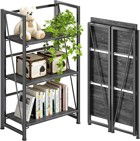 4NM No Assembly Folding Bookshelf Storage Shelves 3 Tiers Vintage Bookcase Standing Racks Study Organizer Home Office (Gray Black)