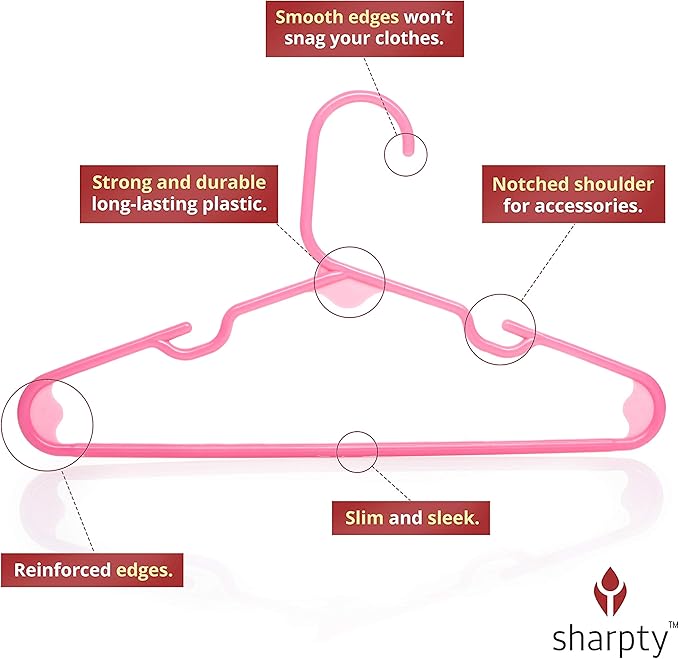 Sharpty Kids Plastic Hangers, Children's Hangers for Baby, Toddler, and Child Clothes - Everyday Standard Use - Ideal for Boys and Girls Closet, Clothing, Pants, Coats, and More - Pink, 60 Pack