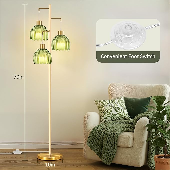 COTTHOS Gold Floor Lamp for Living Room, Modern Standing Lamp Brass Glass Green Tree 3 Light Tall Floor Lamps for Bedroom & 800 Lumens LED Bulbs, Vintage Flower Lamp Shade Farmhouse Boho Bohemian