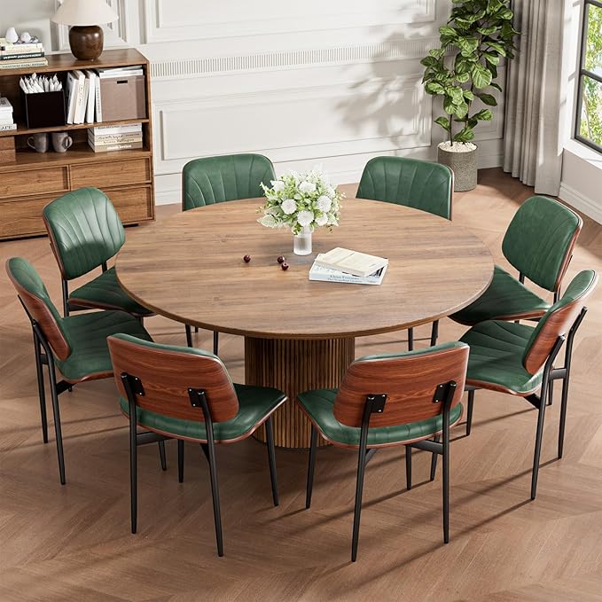 Dining Chairs Set of 2, Mid-Century Modern Upholstered PU Leather Chairs with Walnut Bentwood Back and Metal Legs Adjustable Feet for Kitchen Dining Room, Dark Green Shell Strips