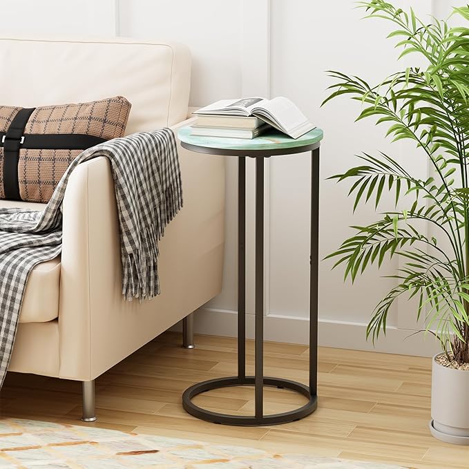 C Shaped end Table,Wood Round Side Table for Couch,Small Sofa Table with Metal Frame for Bedroom,Living Room,Bedside,Sea Blue(11.81" D x 11.81" W x 23.62" H)