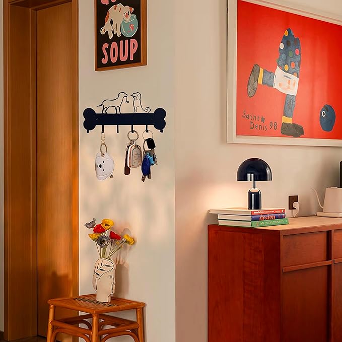 Dog Leash Holder Wall Mount, Dog Supply Organizer with 6 Hooks, Metal Key Hooks for Wall， Wall Storage for Hanging Leash, Vest, Harness, Keys