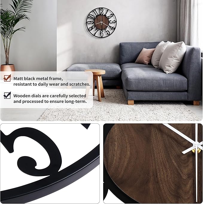 Maxstar Wall Clock Battery Operated,Silent Non-Ticking Modern Rustic Metal Round Clocks Small for Living Room/Bedroom/Office/Kitchen/Farmhouse Home Decor-16 Inch(Brown-Wood)