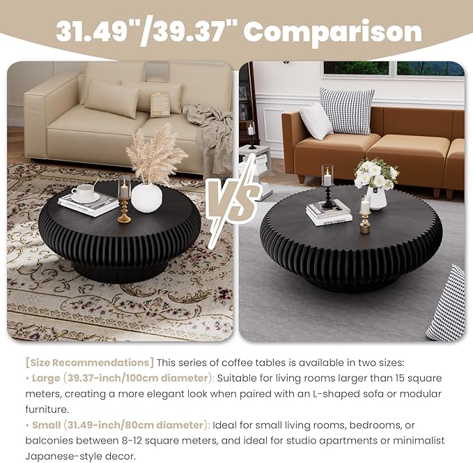Round Fluted Coffee Table Modern Handcraft Drum Coffee Table with Sturdy Pedestal 39.37" Farmhouse Center Table Tea Table for Living Room, Reception Room, Entertainment Room (Black 39.37")