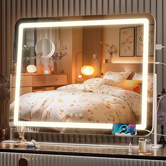 Hasipu Vanity Mirror with Lights, 25" x 21" LED Makeup Mirror, Light up Mirror with 10X Magnification and Phone Holder, USB Charging Port, Smart Touch 3 Colors Dimmable, 360° Rotation (White)