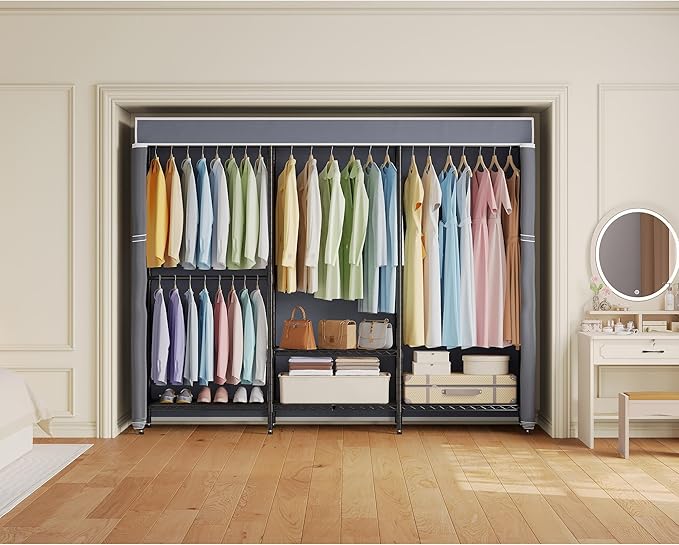 H8 Heavy Duty Clothes Rack with Cover, Covered Garment Rack with Shelves, Wardrobe Closet with Cover, Portable Closet Organizer Storage, Black Clothing Rack with Grey Cover