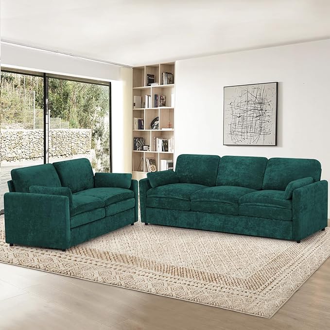 2 Pieces Chenille Sofa Set w/Arm Pillows, Upholstered Loveseat & 3 Seater Sofa w/Comfortable Back Cushions, Modern 2-Seat & 3-Seat w/High-Density Foam for Living Room, Apartment, Teal