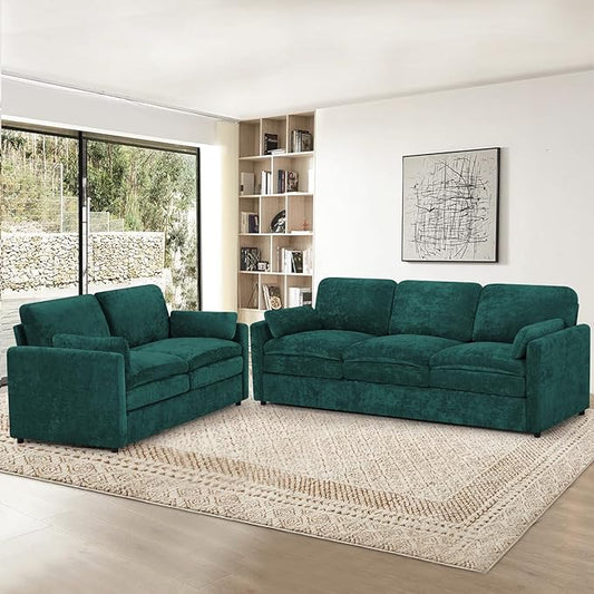 2 Pieces Chenille Sofa Set w/Arm Pillows, Upholstered Loveseat & 3 Seater Sofa w/Comfortable Back Cushions, Modern 2-Seat & 3-Seat w/High-Density Foam for Living Room, Apartment, Teal