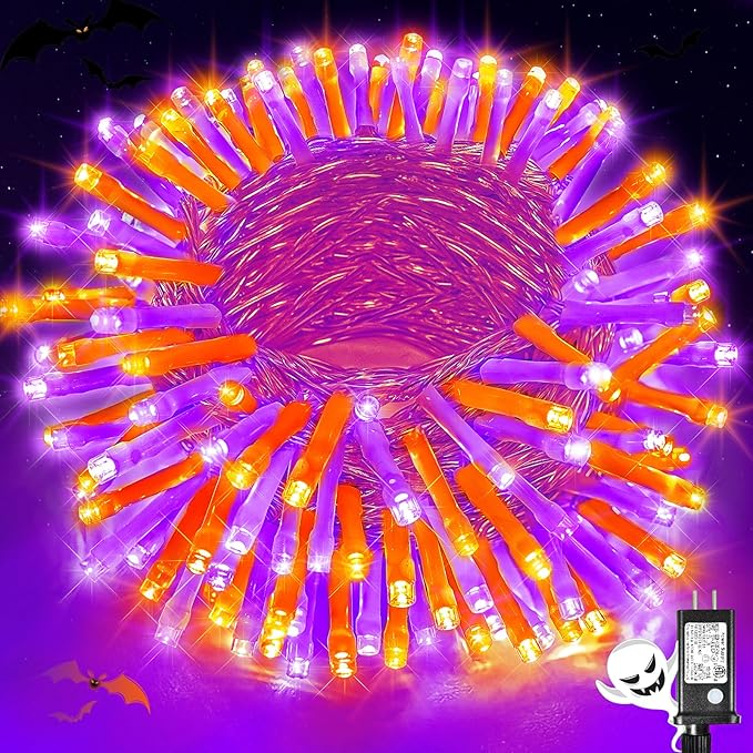 200 LED Christmas Lights Outdoor, 66ft Christmas String Lights Indoor Clear Wire 8 Modes Waterproof Plug in Twinkle Fairy Light for Tree Party Garden Decorations, Purple&Orange