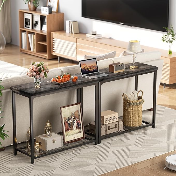 32" Small Console Table, 2-Tier Narrow Entryway Table, Sofa Table with Mesh Shelves, Console Tables for Living Room, Hallway, Entryway, Farmhouse Console Table with Storage, Oak Grey