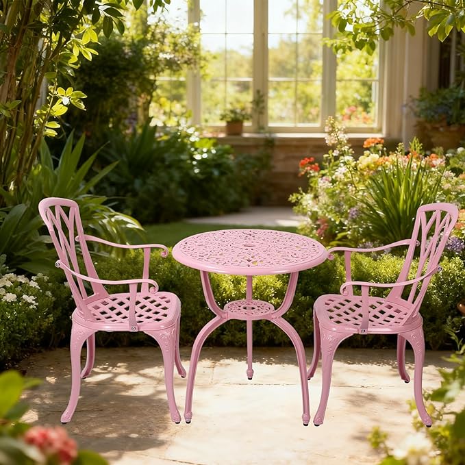 3-Piece Cast Aluminum Patio Bistro Set, Outdoor Rust-Resistant Furniture with 2 Chairs and Table (Pink)
