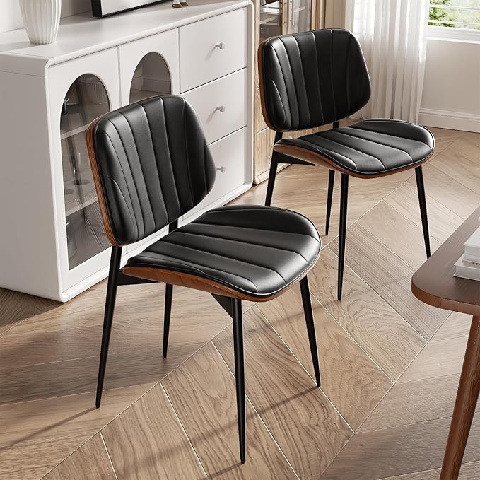 Dining Chair, Mid Century Modern Dining Room Chairs, Upholstered Faux Leather Kitchen Chairs with Walnut Bentwood Back and Metal Legs for Kitchen Dining Room Living Room, Black