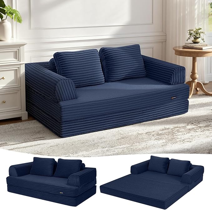 COMAX Convertible Sofa Bed, Folding Floor Couch Corduroy Fold Out Couch Bed Futon Sleeper Mattress with Pillows, Boneless Sofa Comfy Lounge Loveseat for Living Room Bedroom, Plush Navy