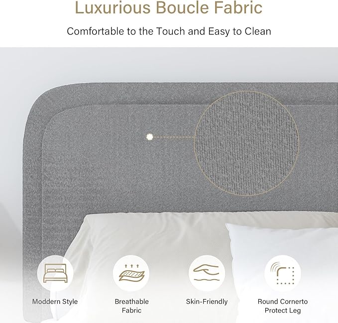 BarnFurin King Size Boucle Bed Frame and Headboard, Cloud Upholstered Platform Bed Frame, Modern Style, Soft Rounded Corners, No Box Spring Required, Easy Assembly, Light Grey