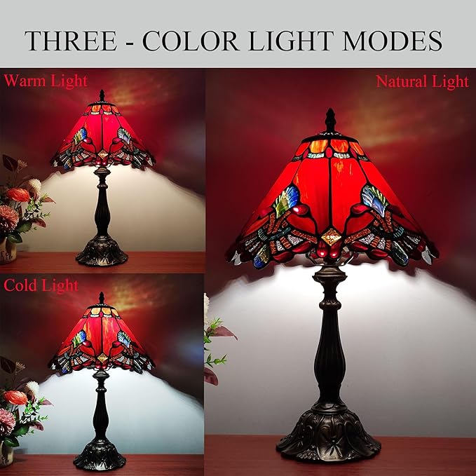 Tiffany Table Lamp Red Baroque Style Stained Glass Lamp 12X12X19 Inch Antique Lamp for Office Home Bedroom Living Include 3-Color LED Bulb