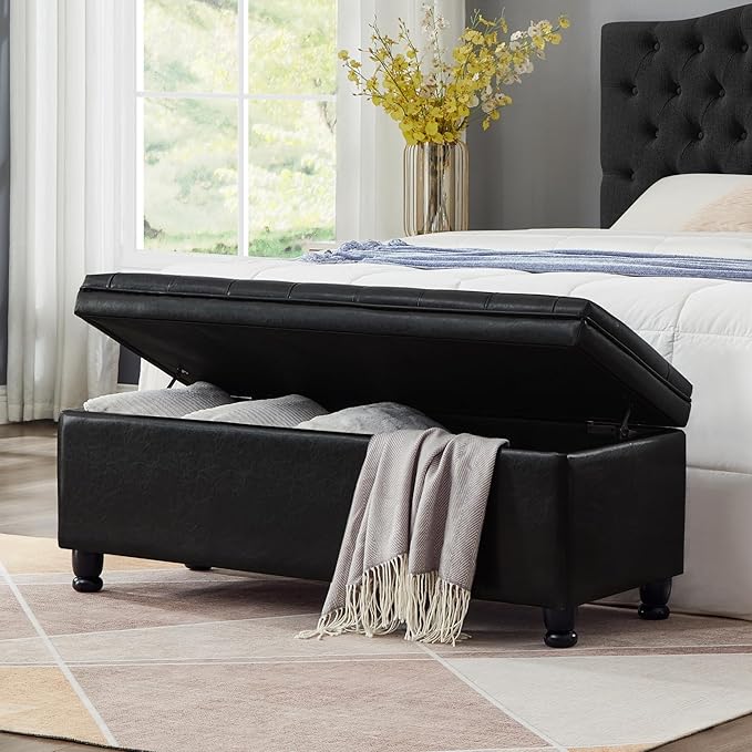 mikibama PU Leather Storage Bench for Bedroom End of Bed,45" Long Tufted Bed Bench with Storage,Modern Mid Century Storage Ottoman Bench for Window,Entryway,Living Room Solid Wood Legs (Black PU 45")