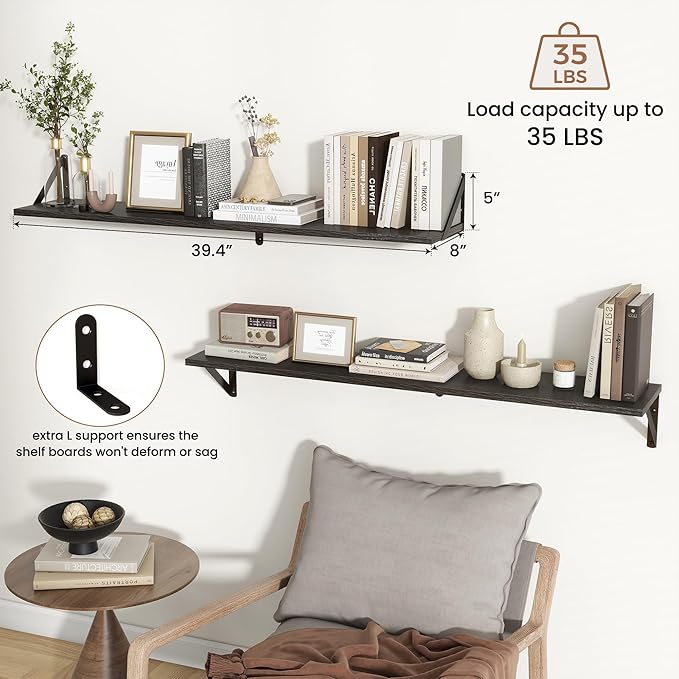 Axeman Black Floating Shelves for Wall 40 Inch | 39.4W x 8D Rustic Wood Floating Shelves Set of 2 | 8" Deep Long Wall Shelves for Bathroom Kitchen Living Room | Bookshelf Display Shelves - Black