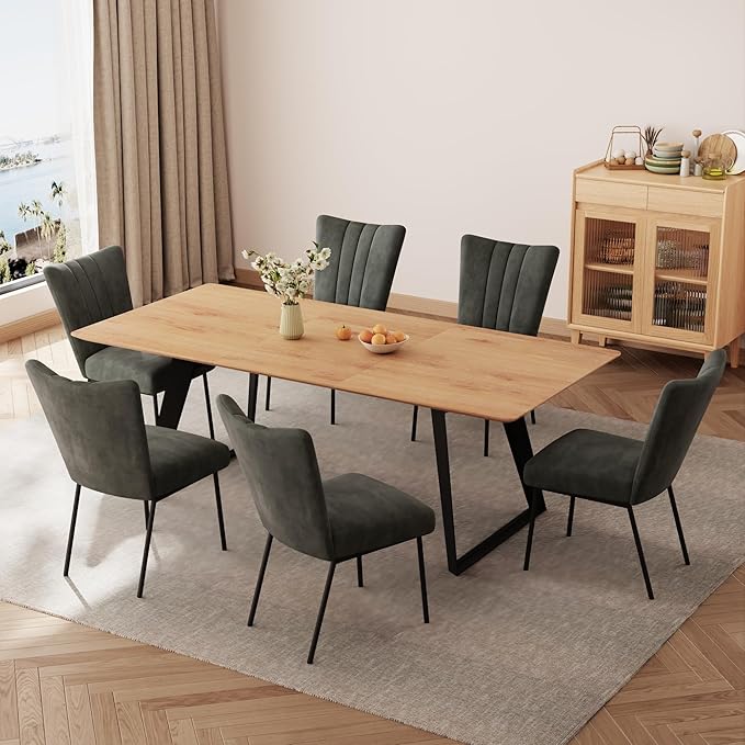 ZckyCine 7-Piece Dining Set, 51"-67" Expandable Mid-Century Modern Table with 6 Chairs, Leather Seat & Backrest, Metal Frame, Oak/Black for Dining Room/Home