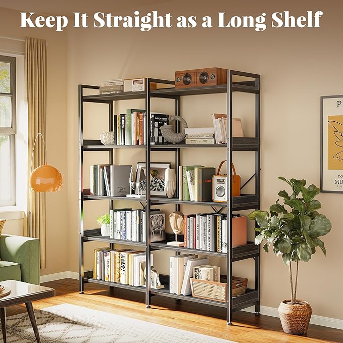 Huuger 5 Tier Bookshelf, Display Bookshelf with 10 Open Shelves and Raised Baffle, 47.2 Inch Straight Wide Bookcase with Metal Frame and Wooden Board, Adjustable Feet, Grey