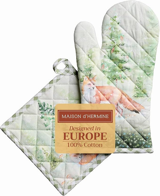 Maison d' Hermine 100% Cotton Oven Mitt & Pot Holder Set (7.5"x13" & 8"x8") Heat Resistant BBQ Cooking Gloves with Loop for Thanksgiving Christmas Decorations Handling Hot Pans (Winter Mornings)