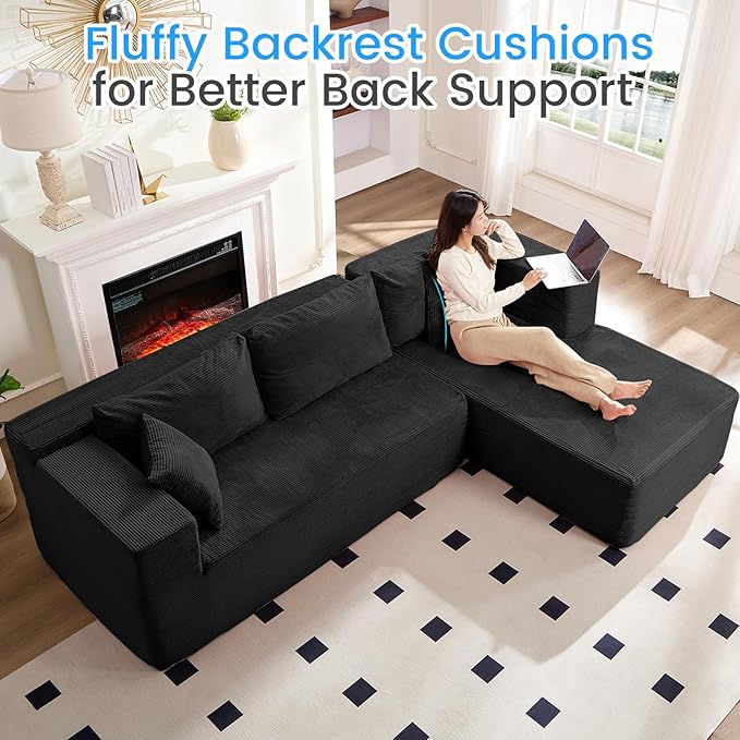 PUREMIND 106" Black Sectional Couches for Living Room, Cloud Couch Modular Sectional Sofa, Corduroy L Shape Sofa with Deep Seat, Modular Boneless Foam Couch Corner Couches No Assembly Required